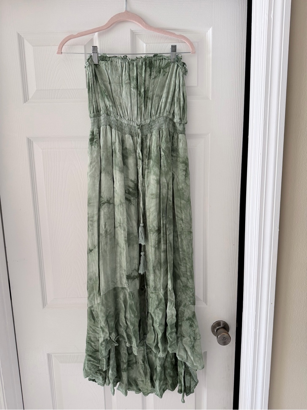BOHO Strapless Tie-Dye Maxi Dress in Sage Green Slit in front Worn twice